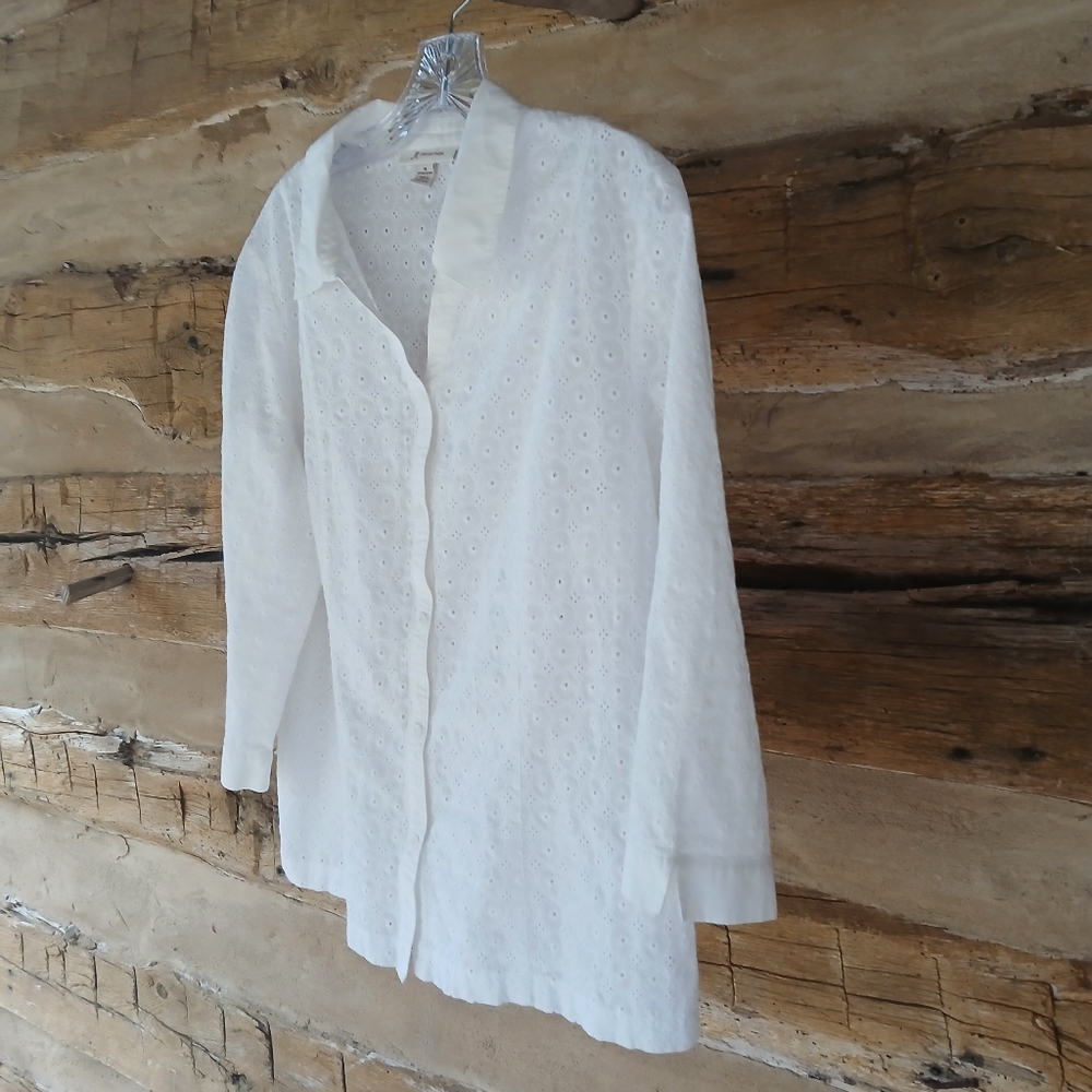 JM Collection White Eyelet 3/4 Sleeve Button Down Cotton Shirt Size 18 - Picture 4 of 8